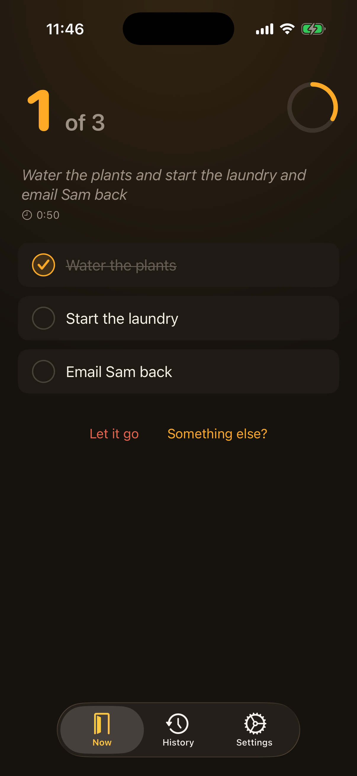 Doorway on iPhone mid-errand: 1 of 3 done. Water the plants checked off; Start the laundry and Email Sam back still glowing on the list