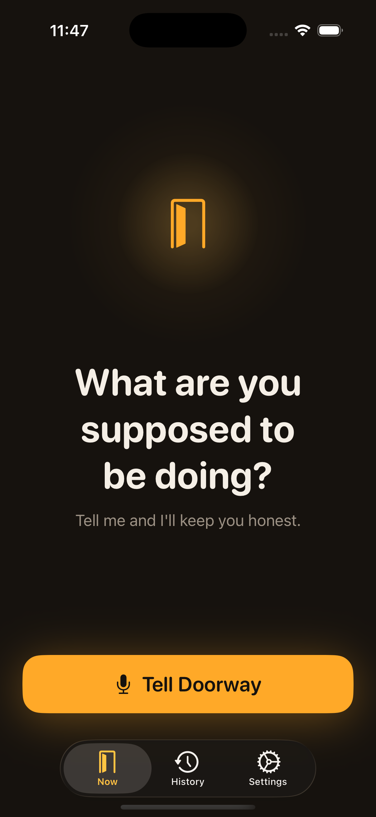 Doorway's idle screen: a glowing amber door asking 'What are you supposed to be doing?'